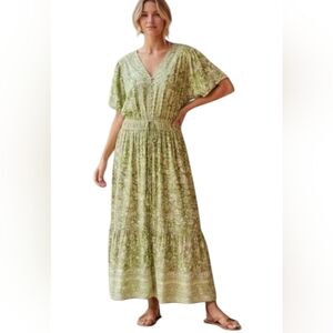 LEA 3X 100% Cotton Boho Floral Puff Sleeve Maxi Dress Green Brown Cream NWT